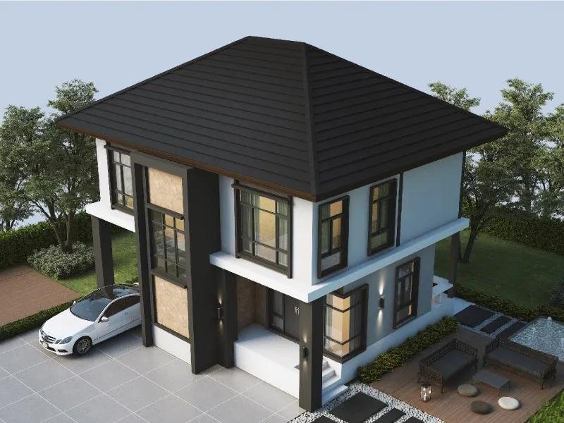 บ้านศตวรรษใหม่ด้วยหลังคาคอนกรีตแผ่นเรียบ